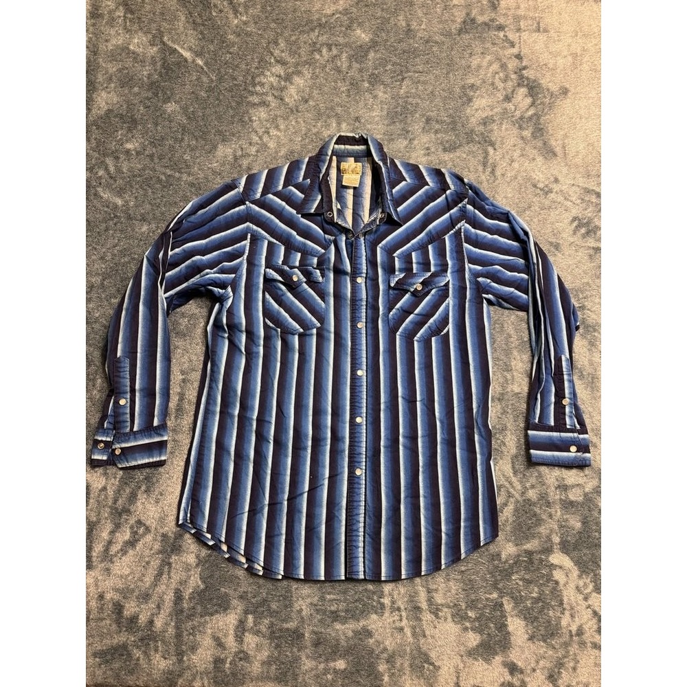 Express Rider Western Striped Shirt Mens Large Blue Pearl Snap Long Sleeve